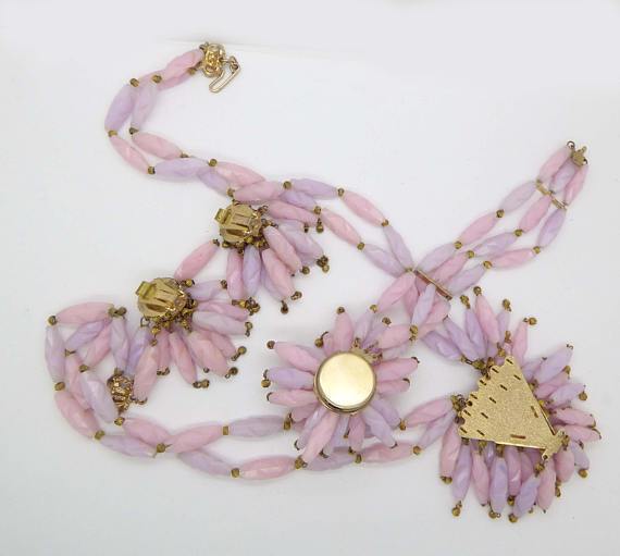 Vintage Signed Hobe Carved Pink and Gold Bead Dangle Lampshade Parure, Clip Earrings, Necklace and Bracelet - Vintage Lane Jewelry