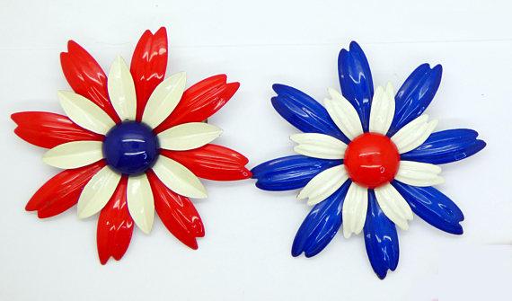 Red, White and Blue Patriotic Enamel Flower Pins, 7 pins - Vintage Lane Jewelry