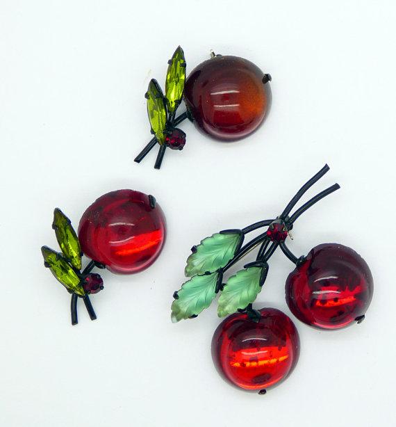 Red Cherries Austrian Crystal Fruit Brooch and Matching Scatter Pins - Vintage Lane Jewelry