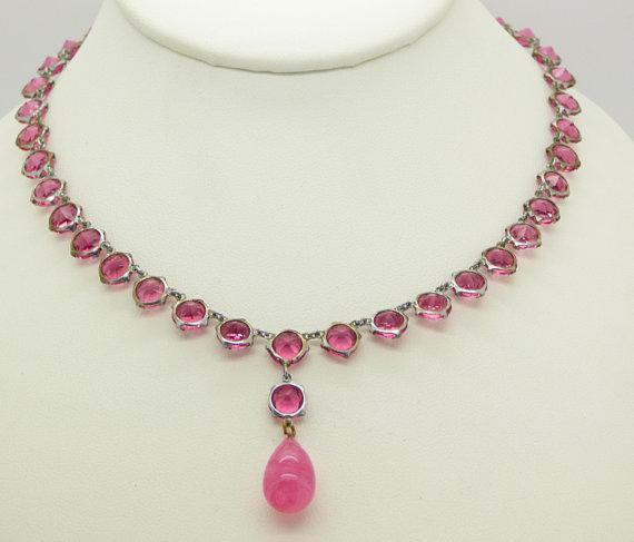Vintage Art Deco Open Back Pink Crystal Dropper Choker Necklace - Vintage Lane Jewelry