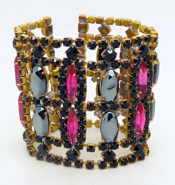 Czech Glass Husar D Pink and Black Rhinestone Wide Bracelet - Vintage Lane Jewelry