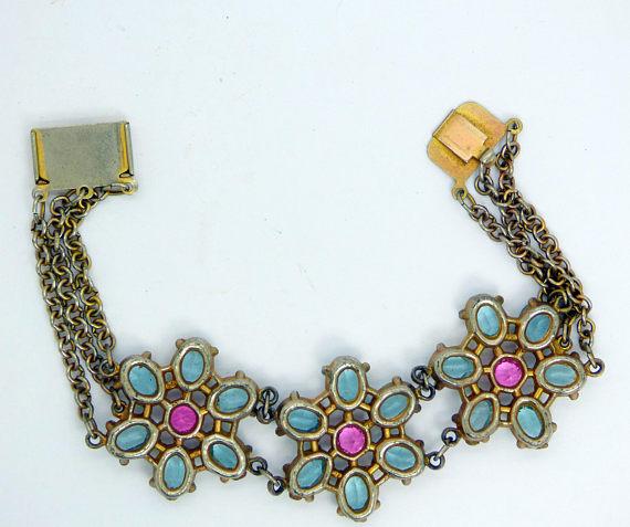 Pink and Blue Open Back Crystal Flower Bracelet - Vintage Lane Jewelry