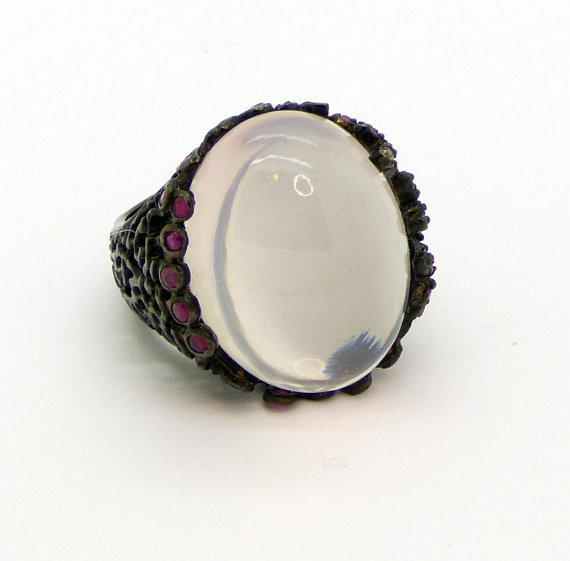 Pink Rose Quartz and Ruby Sterling Silver Huge Ring - Vintage Lane Jewelry