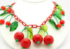 Cherry Bakelite Celluloid Necklace Green Glass Leaves - Vintage Lane Jewelry