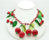 Cherry Bakelite Celluloid Necklace Green Glass Leaves - Vintage Lane Jewelry