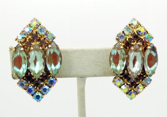 Vintage Juliana Saphiret AB Rhinestone Clip Earrings - Vintage Lane Jewelry