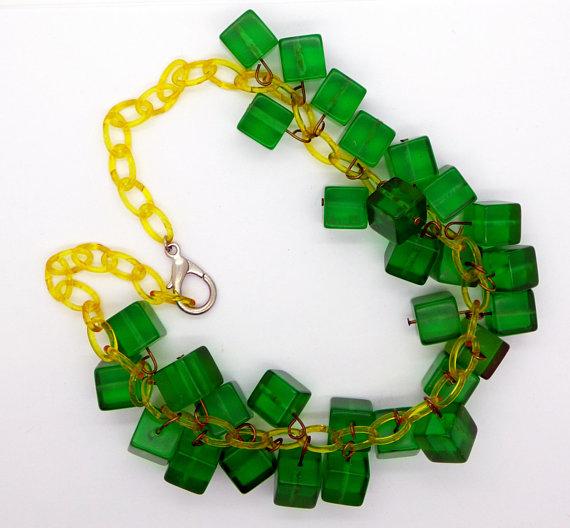Bakelite Green Prystal Cubes Celluloid Chain Drop Necklace - Vintage Lane Jewelry