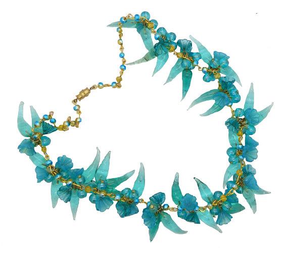 Teal Glass Beaded Flower Charm Necklace - Vintage Lane Jewelry
