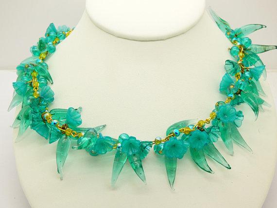 Teal Glass Beaded Flower Charm Necklace - Vintage Lane Jewelry