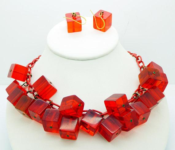 Red Bakelite Prystal Cubes Celluloid Chain Necklace and Earrings - Vintage Lane Jewelry