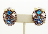 Vintage Leru Silver Tone Blue Rhinestone and Faux Pearl Panel Bracelet and Clip Earrings - Vintage Lane Jewelry