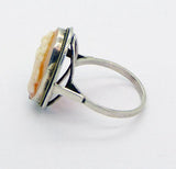 Art Deco Oval Left Faced Shell Cameo Sterling Silver Ring, Size 6.5 - Vintage Lane Jewelry