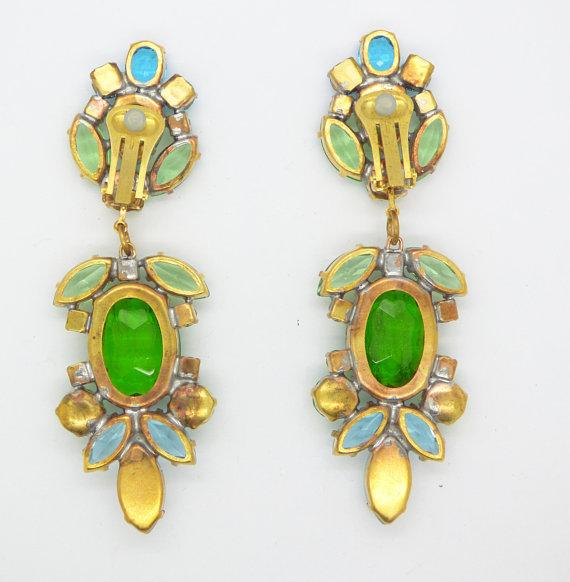 Large Czech Glass Dangling Clipe Earrings Aqua Blue and Soft Green - Vintage Lane Jewelry