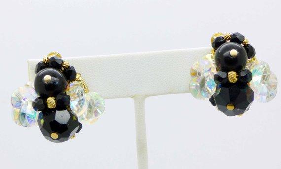 Vintage Vendome AB Crystal Black Beaded Necklace and Clip Earrings - Vintage Lane Jewelry