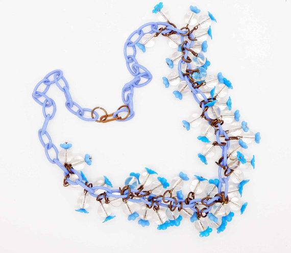 Vintage Blue Celluloid and Clear Glass Bead Necklace - Vintage Lane Jewelry