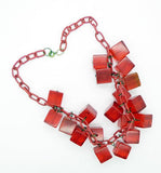 Red Bakelite Prystal Cubes Celluloid Chain Necklace and Earrings - Vintage Lane Jewelry