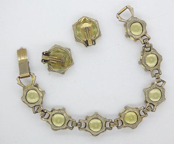 Vintage Citrine Glass Headlight Bracelet and Clip Earrings - Vintage Lane Jewelry