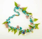 Glass Bird Turquoise Beaded Necklace with Green Glass Leaves, Glass flowers - Vintage Lane Jewelry