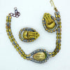 Czech Vaseline Uranium Glass Kutz CZ Rhinestone Bracelet and Clip Earring Set - Vintage Lane Jewelry