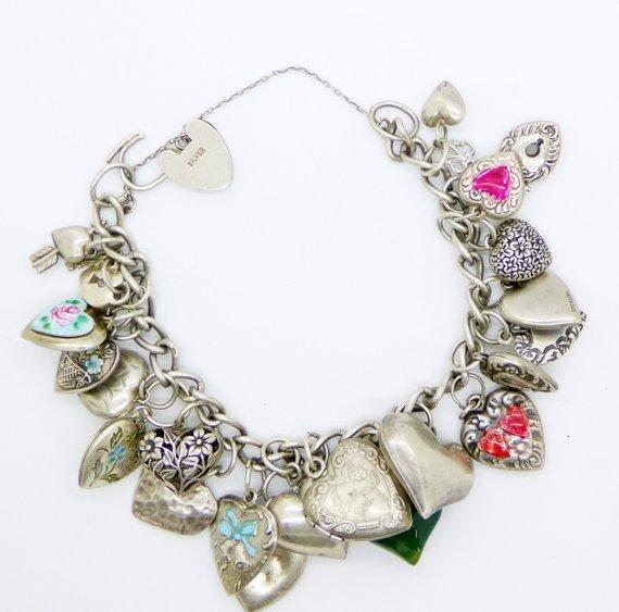 Vintage Puffy Hearts Sterling Silver Charm Bracelet - Vintage Lane Jewelry