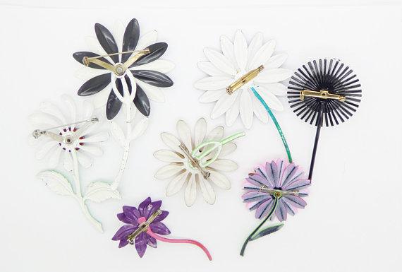 Enamel Flowers with Stems Lot, 7 pins, Flower Brooches - Vintage Lane Jewelry