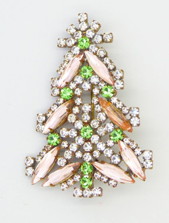 Husar D Czech Glass Pink, Green and Clear Rhinestone Christmas Tree Pin - Vintage Lane Jewelry