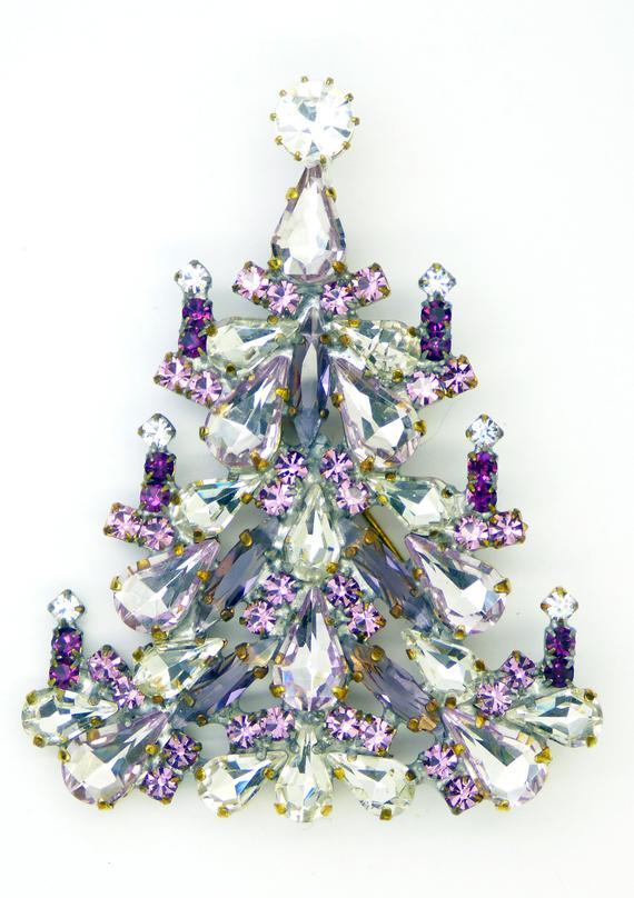 Czech Glass Purple and Clear Christmas Tree Brooch, Vintage Rhinestones Xmas Tree Pin - Vintage Lane Jewelry