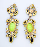 Large Czech Glass Dangling Clip Earrings Black and Pear Green - Vintage Lane Jewelry