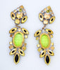 Large Czech Glass Dangling Clip Earrings Black and Pear Green - Vintage Lane Jewelry