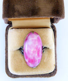 Vintage Art Deco Rhodium Plated Mottled Pink Czech Glass Stone Ring - Vintage Lane Jewelry