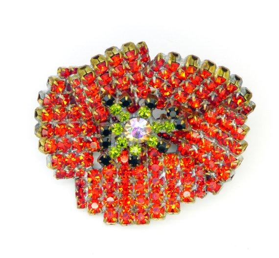 Red Poppy Czech Rhinestone Brooch - Vintage Lane Jewelry