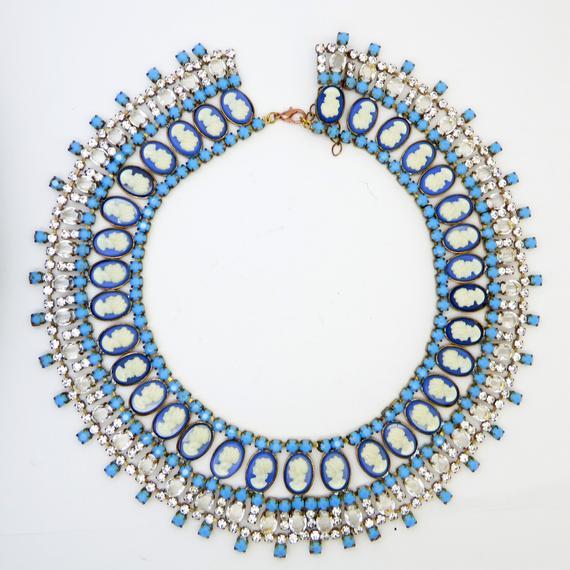 Blue Cameo and Clear Rhinestone Czech Rhinestone Bib Necklace - Vintage Lane Jewelry