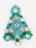 Husar D Czech Glass Green, Aqua and Clear Rhinestone Christmas Tree Pin - Vintage Lane Jewelry