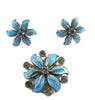 Aqua Blue Guilloche Rhinestone Floral Demi Parure - Vintage Lane Jewelry
