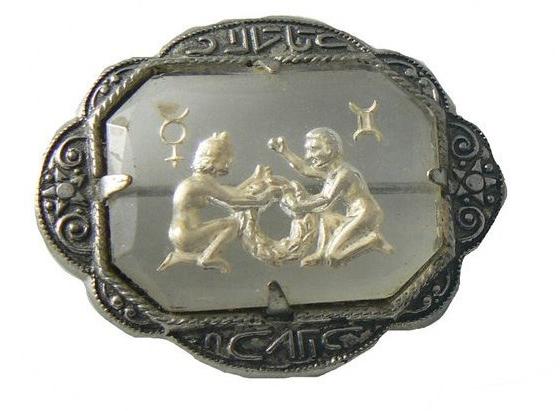 Victorian Gemini Zodiac Theme Glass Reverse Carved Silver Tone Brooch - Vintage Lane Jewelry