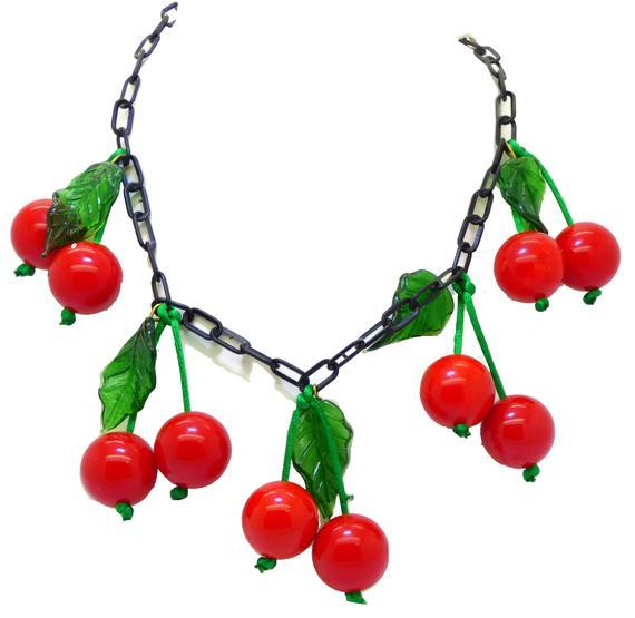 Cherry Bakelite Necklace, Black Celluloid Chain and Green Glass Leaves - Vintage Lane Jewelry