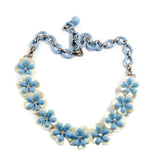 Vintage Baby Blue and White Celluloid Rhinestone Flower Necklace - Vintage Lane Jewelry