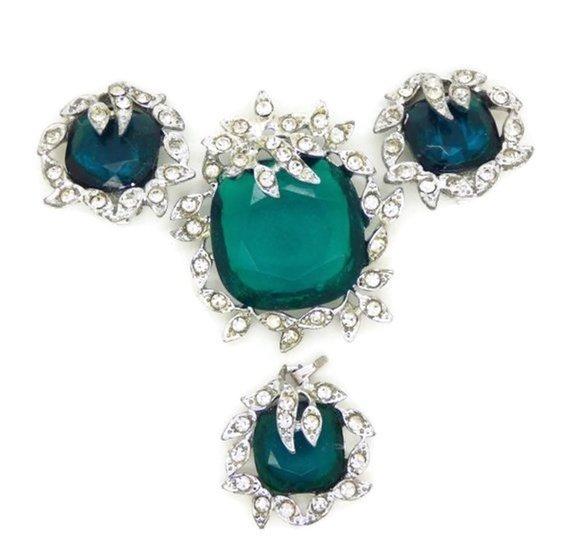Sarah Cov Emerald Green and Clear Rhinestone Brooch, Pendant and Clip Earrings - Vintage Lane Jewelry