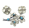 Austria Signed White Frosted Glass and Turquoise stone Japanned Flower Brooch, Earrings - Vintage Lane Jewelry