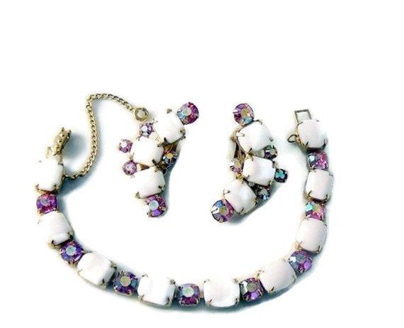 Kramer White Milk Glass Pink Ab Rhinestone Bracelet Earring Set - Vintage Lane Jewelry