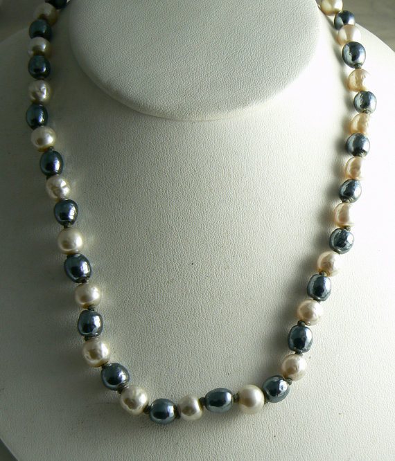 Miriam Haskell Navy Blue And Ivory Baroque Pearl Necklace - Vintage Lane Jewelry