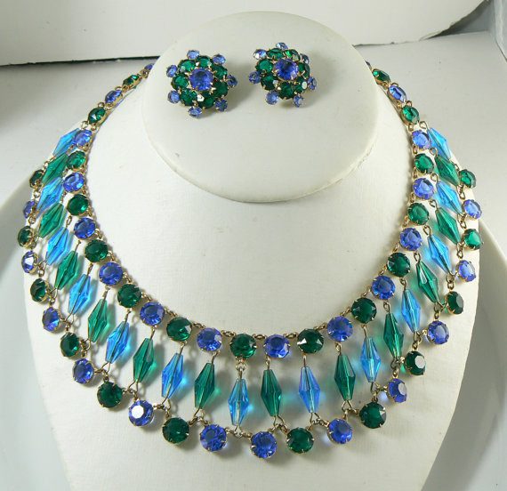 Egyptian Revival Blue and Green Glass Bezel Bib Necklace Earring Set - Vintage Lane Jewelry