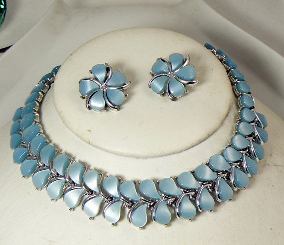 Vintage Kramer Baby Blue Thermoset Choker and Clip Earring Set - Vintage Lane Jewelry