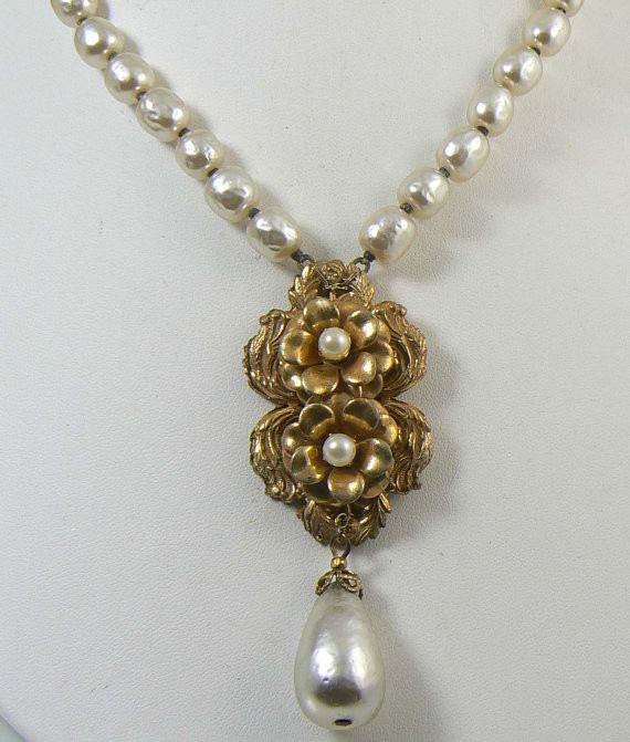 Miriam Haskell Baroque Pearl and Russian Gold Floral Necklace - Vintage Lane Jewelry