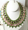 Czech Glass Peach Cabochon Purple and Green Rhinestone Bib Necklace with Clip Earrings - Vintage Lane Jewelry