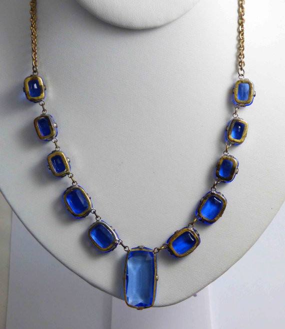 Czech Deco Signed Blue Glass Vintage Estate Necklace - Vintage Lane Jewelry
