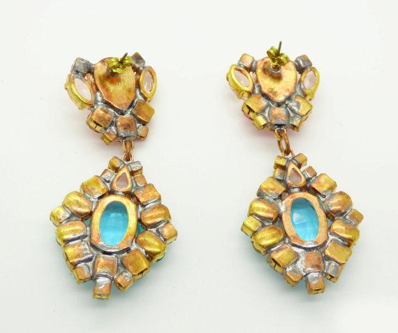 Aqua Blue and Pink Czech Glass Pierced Earrings - Vintage Lane Jewelry
