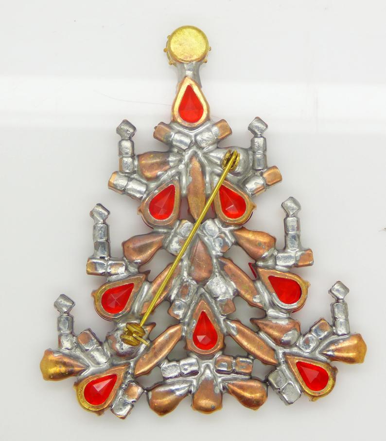 Czech Glass Christmas Tree Brooch with Candles, Vintage Rhinestones Xmas Tree Pin - Vintage Lane Jewelry