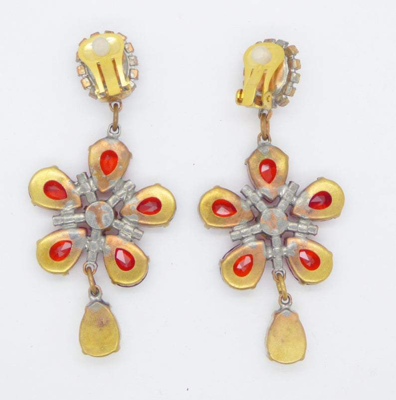 Red Flower Dangle Czech Glass Clip Earrings - Vintage Lane Jewelry