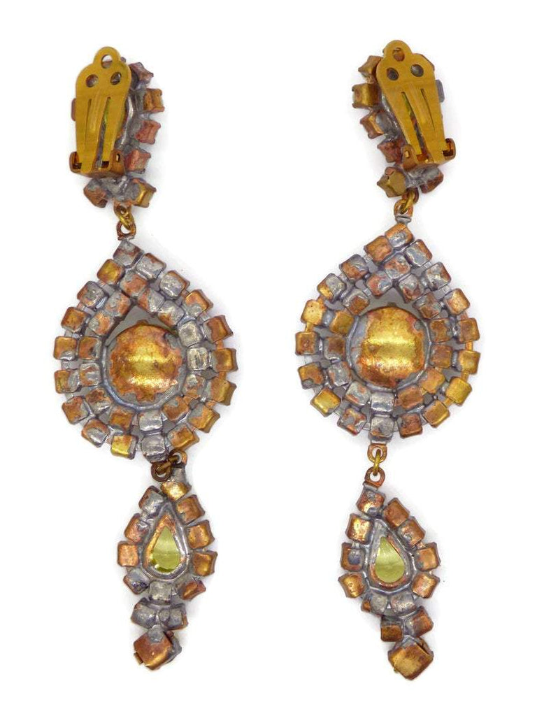 Czech Long Dangling Vaseline Uranium Clip Earrings - Vintage Lane Jewelry
